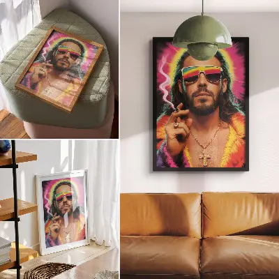 Poster met intense kleuren en contrasterende retropatronen