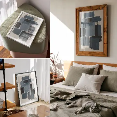 Wandposter met blauwe penseelstreken in een modern contrast