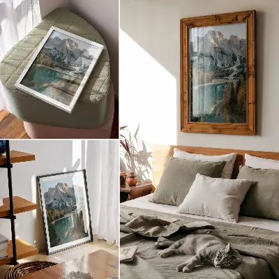 Decoratieve poster met bergen, bos, meer en kleurrijke bomen
