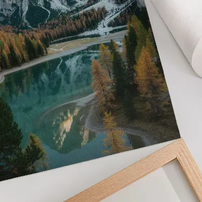Decoratieve poster met bergen, bos, meer en kleurrijke bomen