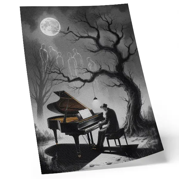Decoratieve poster met spoken, een piano en een maan in gedempte kleuren