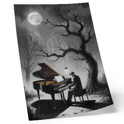 Decoratieve poster met spoken, een piano en een maan in gedempte kleuren