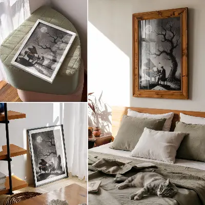 Decoratieve poster met spoken, een piano en een maan in gedempte kleuren