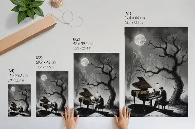 Decoratieve poster met spoken, een piano en een maan in gedempte kleuren