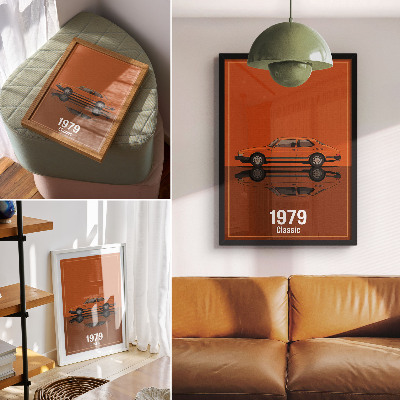 Wandposter Retro auto in oranje vintage stijl met spiegel