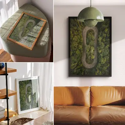 Decoratieve poster met een smalle, kronkelende weg door het groene bos