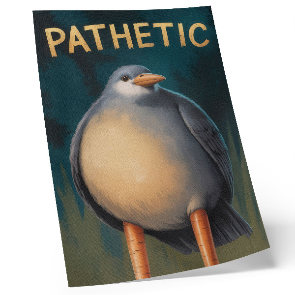 Wandposter Grappige vogel met ongebruikelijke kleuren en een turquoise achtergrond.