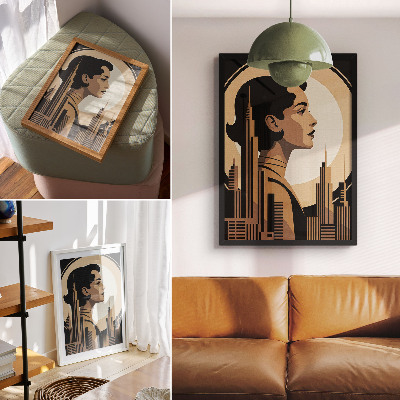 Poster Silhouet van een vrouw omringd door wolkenkrabbers