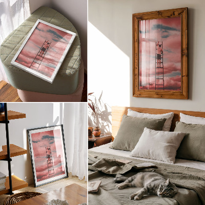 Decoratieve poster Persoon op ladder roze wolken lucht dromen