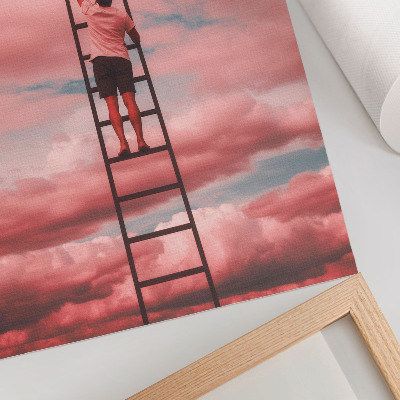 Decoratieve poster Persoon op ladder roze wolken lucht dromen