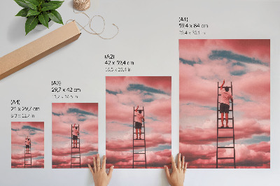 Decoratieve poster Persoon op ladder roze wolken lucht dromen