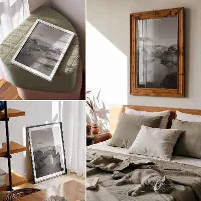 Decoratieve poster grijze majestueuze bergen bij een kalm meer