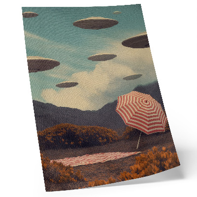 Wandposter Schilderachtig landschap, paraplu en mysterieuze objecten