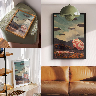 Wandposter Schilderachtig landschap, paraplu en mysterieuze objecten