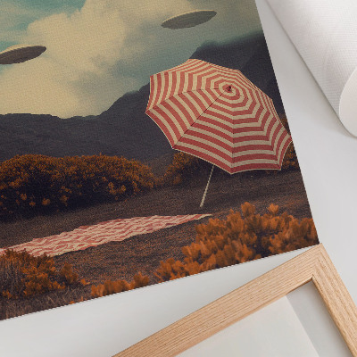 Wandposter Schilderachtig landschap, paraplu en mysterieuze objecten