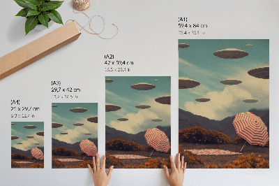 Wandposter Schilderachtig landschap, paraplu en mysterieuze objecten