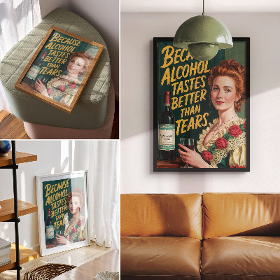 Poster Retro elegante vrouw met wijn en opschrift.