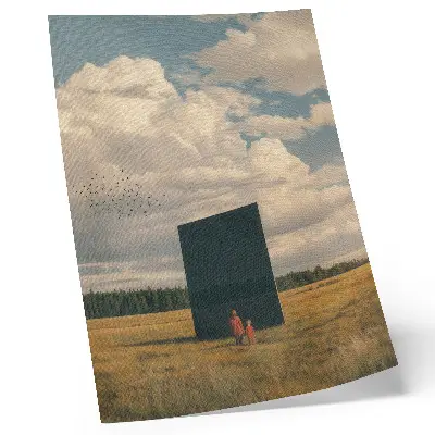 Decoratieve poster met een zwarte monoliet in contrast met blauwe lucht en groen