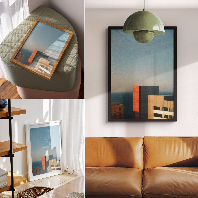 Poster Moderniteit, zee, gebouwen, vogel, uitgestrektheid, lucht