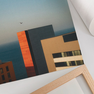 Poster Moderniteit, zee, gebouwen, vogel, uitgestrektheid, lucht