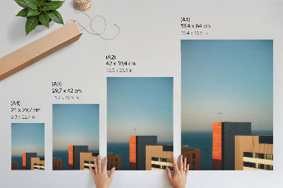 Poster Moderniteit, zee, gebouwen, vogel, uitgestrektheid, lucht