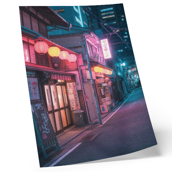 Poster Neonlantaarns in een charmante stadsstraat 's nachts