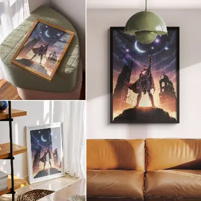 Poster nachtelijke hemel met dynamische figuur en mysterieuze ruïnes