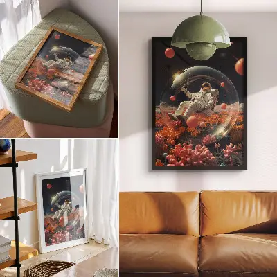 Decoratieve poster astronaut in de ruimte met kleurrijke planten en kosmos
