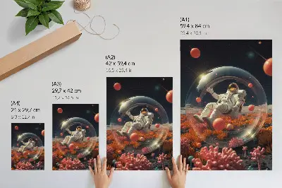 Decoratieve poster astronaut in de ruimte met kleurrijke planten en kosmos