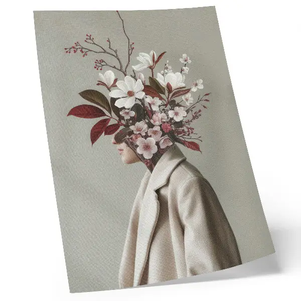 Wandposter met artistieke inspiratie van een boeket bloemen en een gezicht