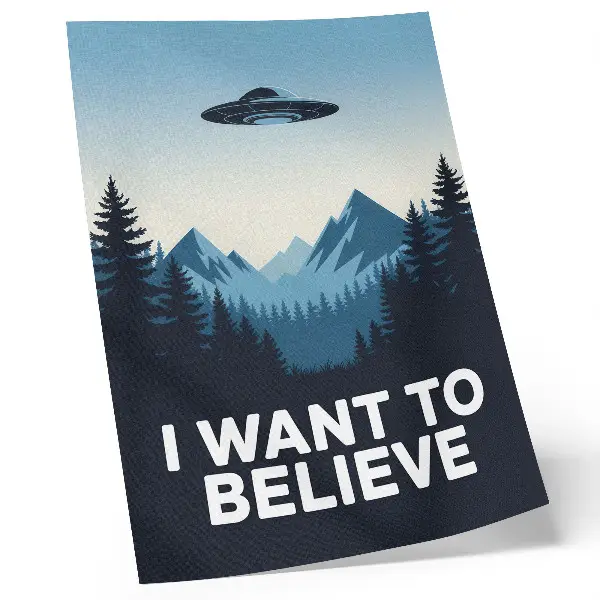 Poster met ufo, bos en bergen in mysterieuze moderne stijl