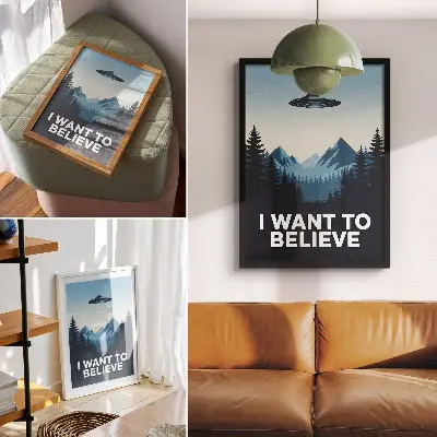 Poster met ufo, bos en bergen in mysterieuze moderne stijl