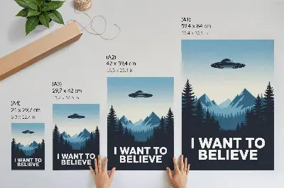 Poster met ufo, bos en bergen in mysterieuze moderne stijl