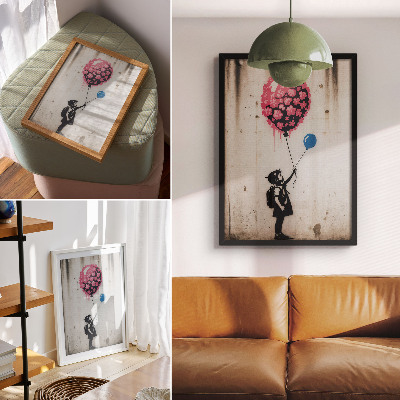 Wandposter Kind met ballonnen op een ruwe achtergrond
