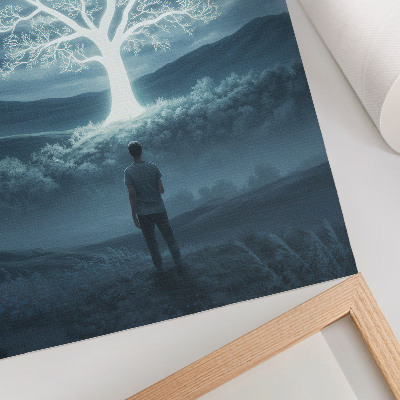 Decoratieve poster Een magische boom tegen de achtergrond van een nachtelijk landschap.