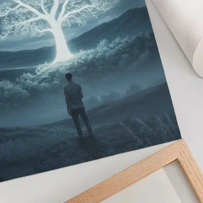 Decoratieve poster met een magische boom tegen de achtergrond van een nachtelijk landschap