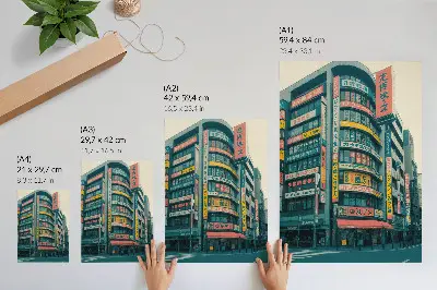 Decoratieve poster met kleurrijke inscripties op modernistische gebouwen