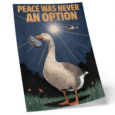 Wandposter Een gans met een steen en een helikopter op de achtergrond.