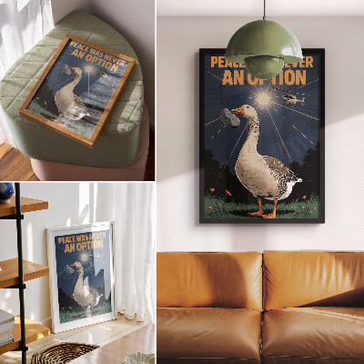 Wandposter Een gans met een steen en een helikopter op de achtergrond.
