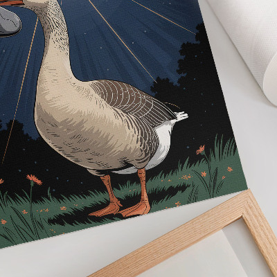 Wandposter Een gans met een steen en een helikopter op de achtergrond.