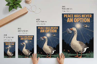 Wandposter Een gans met een steen en een helikopter op de achtergrond.