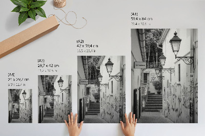 Decoratieve poster Zwart-witte straat met graffiti en straatlantaarns