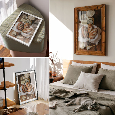 Poster Broodmand, weegschaal, bloem, houten oppervlak