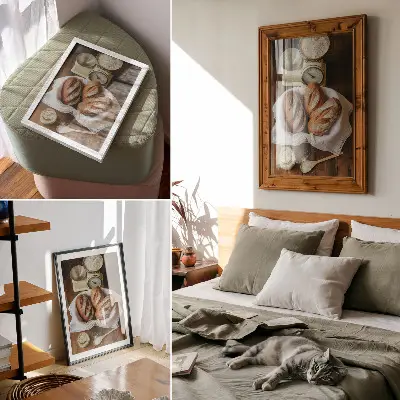 Poster met broodmand, weegschaal, bloem op een houten oppervlak