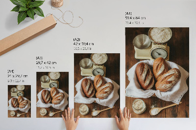Poster Broodmand, weegschaal, bloem, houten oppervlak
