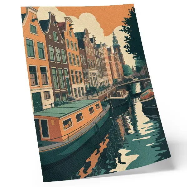 Wandposter de huizen aan de overkant van het kanaal weerspiegeld in het water