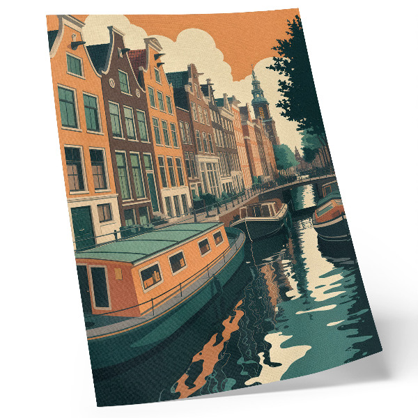 Wandposter De huizen aan de overkant van het kanaal worden weerspiegeld in het water.