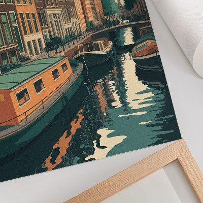 Wandposter De huizen aan de overkant van het kanaal worden weerspiegeld in het water.