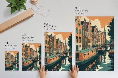 Wandposter De huizen aan de overkant van het kanaal worden weerspiegeld in het water.