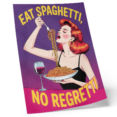 Wandposter Een kleurrijke vrouw eet spaghetti met wijn.